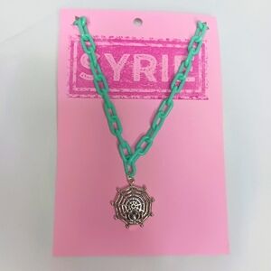 Plastic Mint/Aqua Link Necklace with Silver Spider Web with Spider Pendant.